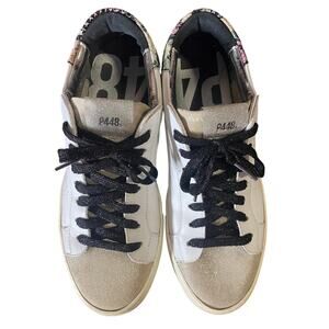 P448 White Leather Sparkle Sneakers US9 Floral Croc Heel Designer Low Tops Italy